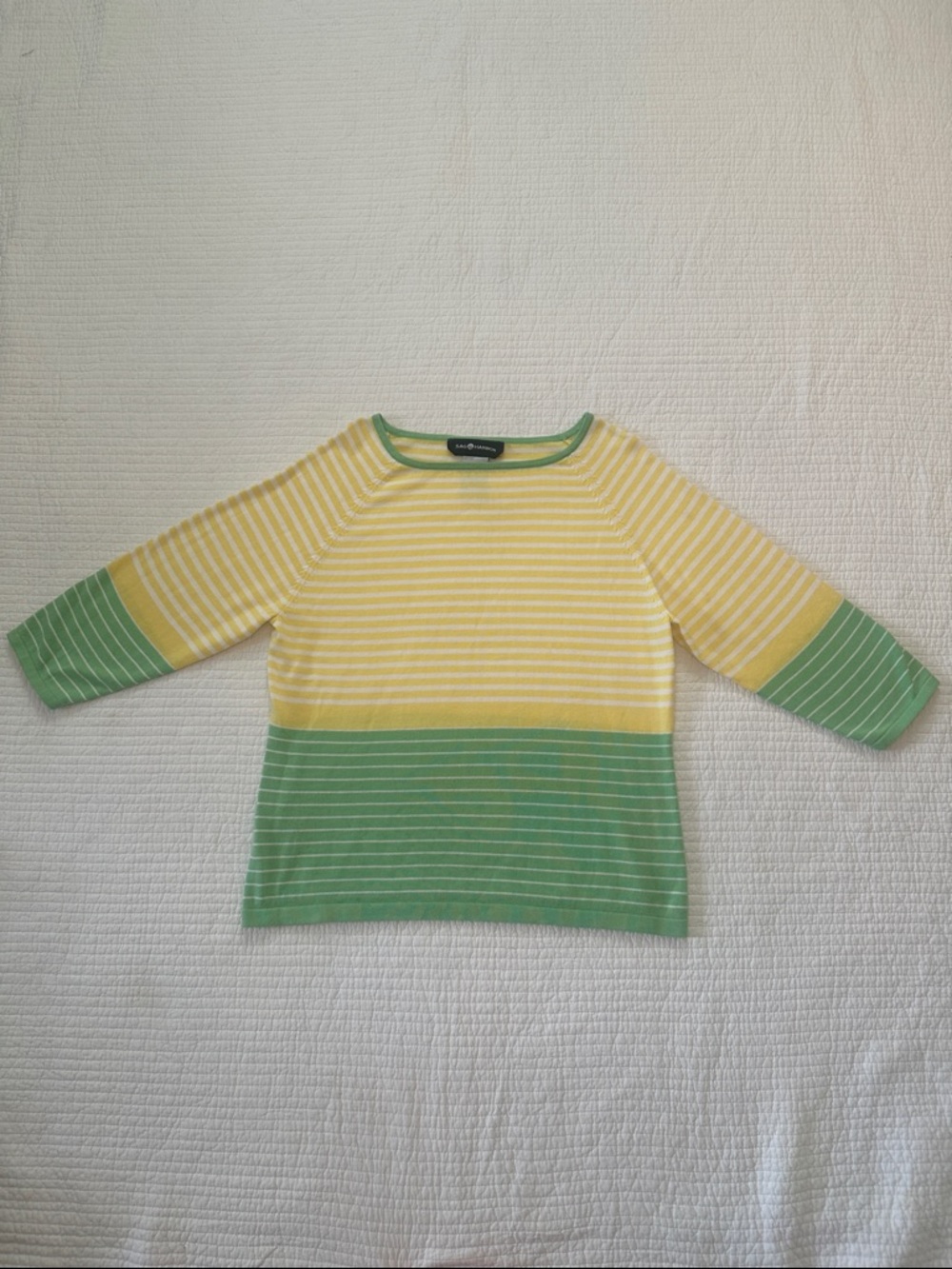 Sag Harbor Yellow & Green Striped Crewneck Sweater large 100% cotton.